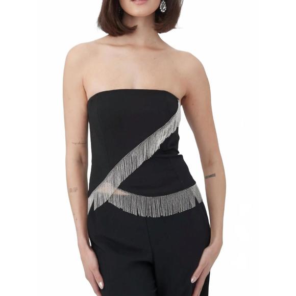 NEW TRINA TURK aeris rhinestone fringe strapless top in black
